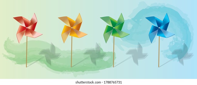 Paper windmill, green energy, ecology. Wind turbine on Mountain background in Paper 