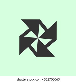 Paper windmill icon flat. Grey vector symbol on green background