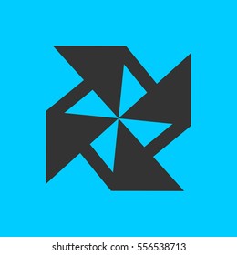 Paper windmill icon flat. Simple vector black pictogram on blue background