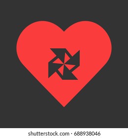 Paper windmill icon flat. Simple pictogram on heart background. Vector illustration symbol