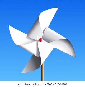 Paper windmill isolated on blue background. Vector realistic illustration