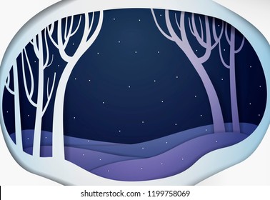 Paper winter forest night landscape, paper winter fairy tale background, vector