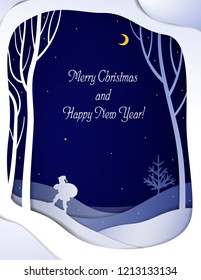 Paper winter forest night landscape card with Santa and Christmas tree , paper winter fairytale background with going Santa and text, vector