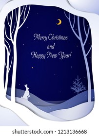 Paper winter forest night landscape with white hare and Christmas tree, paper winter fairytale background with text, vector