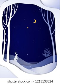 Paper winter forest night landscape with white hare and Christmas tree, paper winter fairytale background , vector
