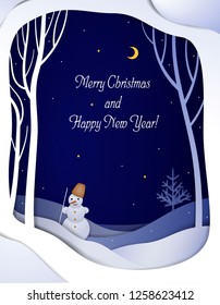 Paper winter forest night landscape card with Santa and Christmas tree , paper winter fairytale background with going Santa and text, vector