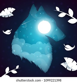 Paper wolf, dog illustration. Nightlandscape Vector eps 10