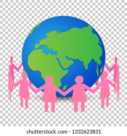 Paper woman icons stand hand in hand around the world on transparent background, International Happy Women's Day Concept, Vector illustration