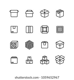 Paper and wood box line icons. Shipping packing outline vector pictograms. Illustration of package container and cargo cardboard box