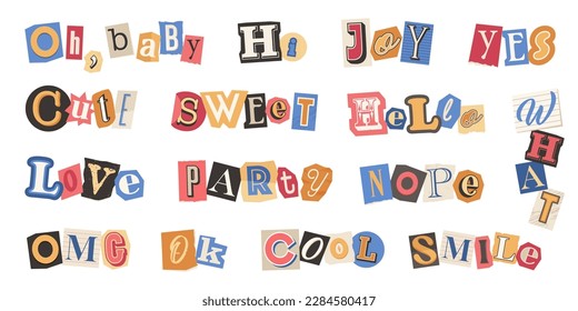 Paper word collection cutout of magazine or newspaper. Vector handmade letters, set of journal patches. Hi, yes, ok, smile, sweet, cool, omg, party, joy and other words. 