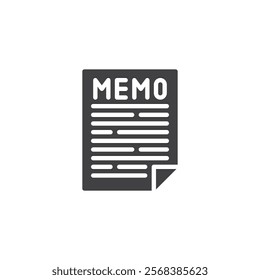 A paper with the word Memo vector icon. filled flat sign for mobile concept and web design. Write Memo glyph icon. Symbol, logo illustration. Vector graphics