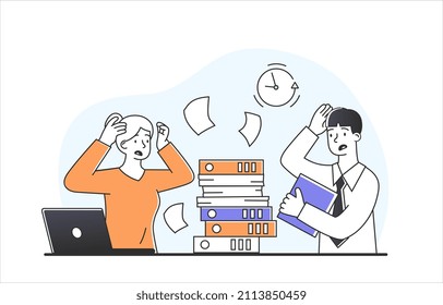 Paper work concept. Man and girl spreading documents around office. Clerks and managers. Colleagues, statistics and analytical department. Preparing annual report. Cartoon flat vector illustration
