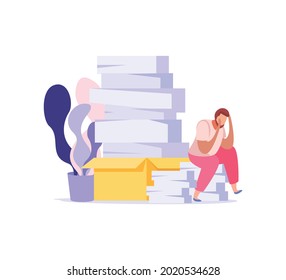 Paper work icon with exhausted man and piles of documents flat vector illustration