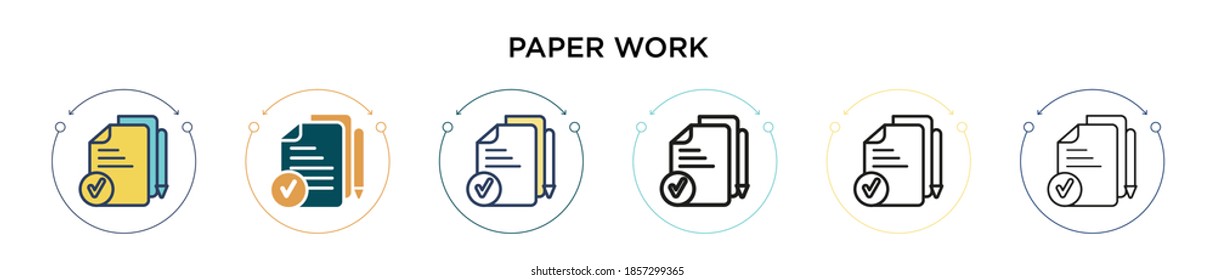 Paper work icon in filled, thin line, outline and stroke style. Vector illustration of two colored and black paper work vector icons designs can be used for mobile, ui, web