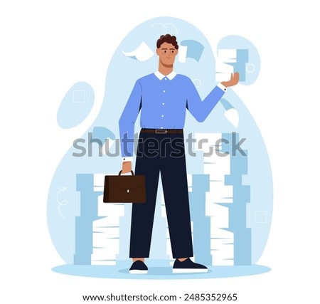 Paper work man. Man with briefcase on top of stack of documents. Manager and clerk, businesswoman in office workplace. Guy with paperwork. Flat vector illustration isolated on white background