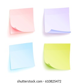 Paper Work Notes Isolated Vector Set. Sticky Note Paper For Noticeboard With Curled Corners Illustration. Colored Sticker Bank With Curl Corner