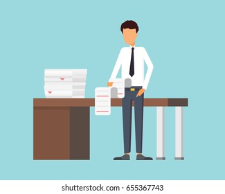 Paper work at office. Business man making a report. Vector illustration