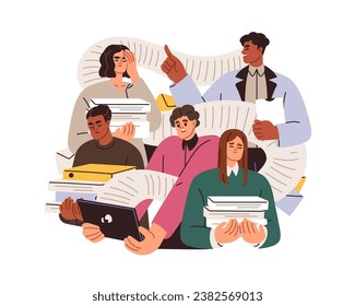 Paper work overload, bureaucracy concept. Paperwork and document flow in company. Business people, office workers overloaded with paperwork. Flat vector illustration isolated on white background