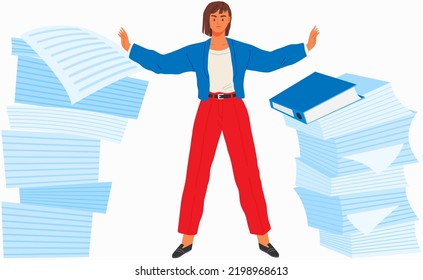 A lot of paper work. Unorganized office work. Accounting paper documents piles, disarray in files. Routine paperwork vector business, overworked concept. Stressed woman engaged in work with documents