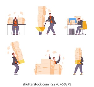 Paper workload. Frustrated businessman with stack photocopy document, busy employee overworked pile paperwork chaos lot bundle office folder invoice, splendid vector illustration