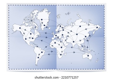 Paper world map with flight routes. Vector illustration.