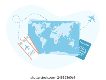 Paper world map with passport and plane tickets. Travel route planning. Flat vector illustration