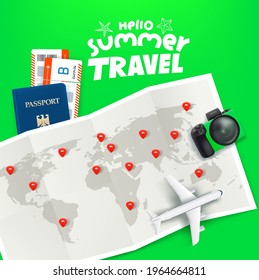 Paper world map with pins, aircraft, tickets, passport and digital camera