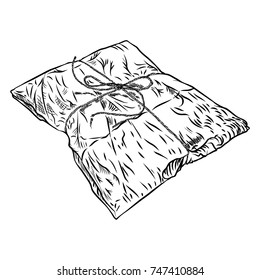 Paper wrapped soft gift box. Hand drawn realistic sketch. Present wrapping and packaging online shopping Valentine, black Friday or Birthday concept. Vector.