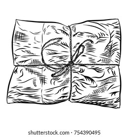 Paper wrapped soft gift box. Hand drawn realistic sketch. Present wrapping and packaging online shopping Valentine, black Friday or Birthday concept. Vector.