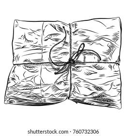 Paper wrapped soft gift box. Hand drawn realistic sketch. Present wrapping and packaging online shopping Valentine, black Friday or Birthday concept. Vector.