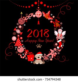 Paper wreath for 2018 New year with funny cut out toys and puppy