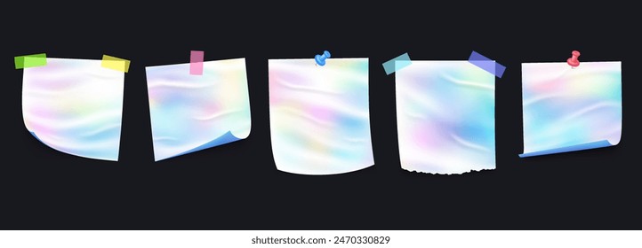 Paper wrinkled notes. Glittering gradient notebook pages with curved corners. Gradient stickers, reminders, message note.