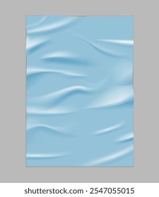 Cartel o volante arrugado de papel. Cartel azul rectangular de arrugas pegadas. Vector de cinta arrugada adhesiva vacía realista. Papel arrugado en blanco de Antiguas. Plantilla de hoja de papel húmedo con textura arrugada