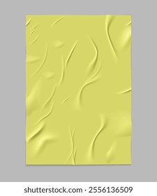 Paper wrinkled poster or flyer. Glued creased rectangular yellow sheet. Wet paper template. Vector realistic empty adhesive crumpled tape. Uneven vertical placard blank