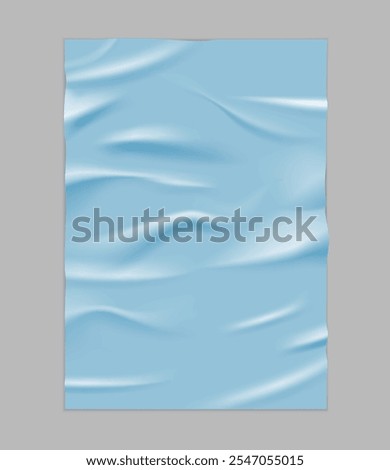 Paper wrinkled poster or flyer. Glued wrinkles rectangular blue poster. Vector realistic empty adhesive crumpled tape. Vintage blank creased paper. Wet paper sheet template with crumpled texture
