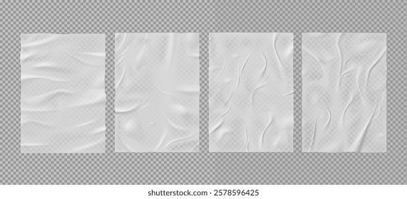 Paper wrinkled poster or flyer vector set. Wet paper sheet template with transparent crumpled texture. Glued wrinkles vertical rectangular white poster. Realistic empty adhesive creased tape blank