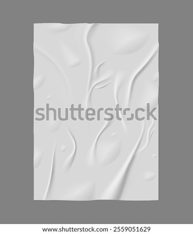 Paper wrinkled poster or flyer. Vector realistic glued creased rectangular white poster. Wet paper sheet template. Empty adhesive crumpled tape. Uneven vertical placard blank