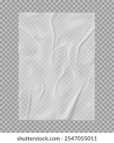 Cartel o volante arrugado de papel. Plantilla de papel mojado con textura arrugada transparente. Cartel blanco rectangular de arrugas pegadas. Vector de cinta arrugada adhesiva vacía realista, papel arrugado en blanco.