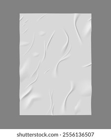 Paper wrinkled poster, wet sticker sheet vector background. Glued wrinkles rectangular white poster. Realistic empty adhesive crumpled tape template. Uneven creased vertical placard blank