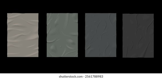 Paper wrinkled posters vector set. Glued wrinkles rectangular beige to grey sheets. Empty adhesive crumpled tape canvas. Vertical creased paper blanks. Wet uneven placards template on black