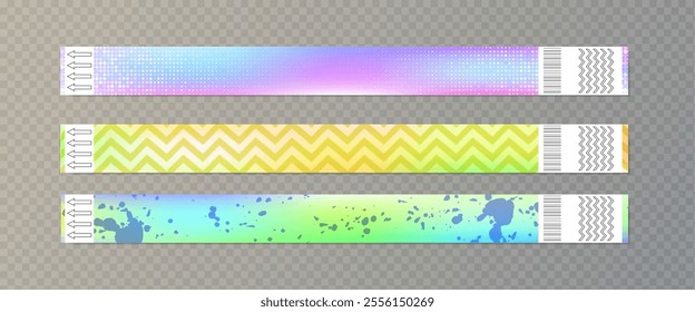 Paper wristbands with holographic foil surface and abstract geometric pattern in iridescent colors. Hologram secure event entrance bracelet tickets identification with barcode and arrow on edges.