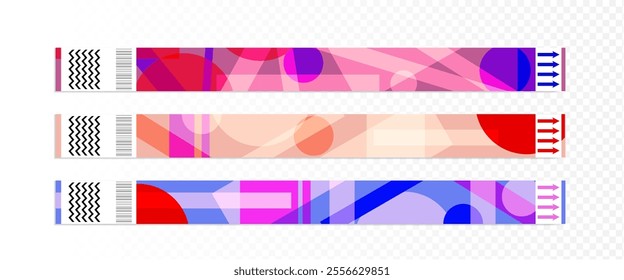 Paper wristbands ticket with abstract geometric patterns. Security bracelets with barcode for entrance to sport event, concert or music festival. Realistic 3d club party wrist armlet mockup.