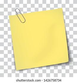 Paper yellow note attached by metallic paper clip isolated on transparent. Vector paper template.