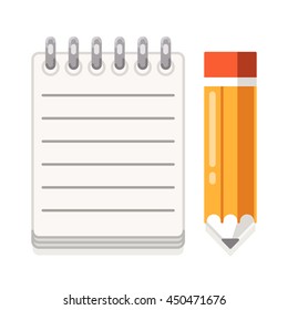Paper and yellow pencil. Notepad. Vector flat illustration on white background.