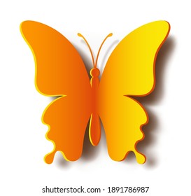Paper yellow realistic butterfly with vector shadow isolated on white background. Silhouette of this butterfly is perfect for stickers, logo and gift certificates
