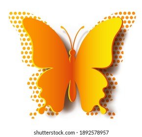 Paper yellow realistic butterfly with vector shadow and polka dot butterfly on white background. Silhouette of this butterfly is perfect for stickers, greeting cards and gift certificates
