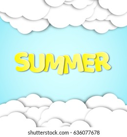 Paper yellow text with the name summer. Paper clouds in the blue sky. Summer background. Vector illustration in a flat style. EPS 10