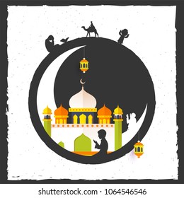 Paper-art design with crescent moon, mosque, hanging lanterns and silhouette of Islamic men in different poses of prayer (namaz) on grungy white background. 