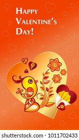 paperart valentine day illustration with chicken, flowers and heart