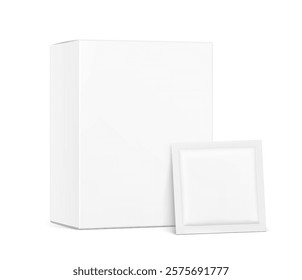 Paperboard box with sachet mockup. Hyper realistic. Vector illustration isolated on white background. Half side view. Packaging for cosmetic, food, pharmacy. Ready for your design. EPS10